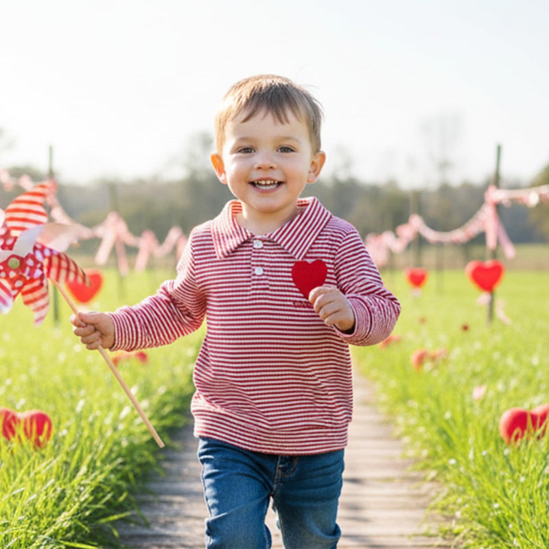 GOOCHEER Toddler Baby Boy Valentineâ€™s Day Outfit Heart Letter Embroidery Waffle Striped Long Sleeve Polo Shirt Button-up Pullover Top (Red, 18-24 Months) - Image 2