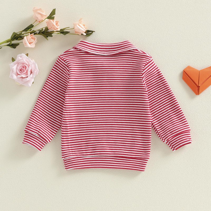 GOOCHEER Toddler Baby Boy Valentineâ€™s Day Outfit Heart Letter Embroidery Waffle Striped Long Sleeve Polo Shirt Button-up Pullover Top (Red, 18-24 Months) - Image 3
