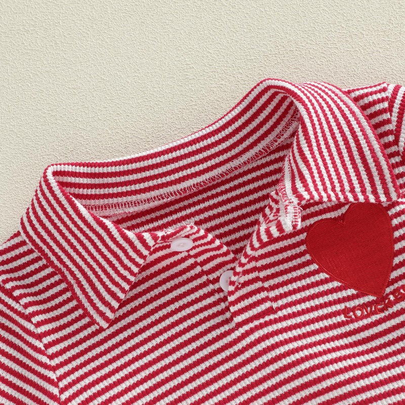 GOOCHEER Toddler Baby Boy Valentineâ€™s Day Outfit Heart Letter Embroidery Waffle Striped Long Sleeve Polo Shirt Button-up Pullover Top (Red, 18-24 Months) - Image 5