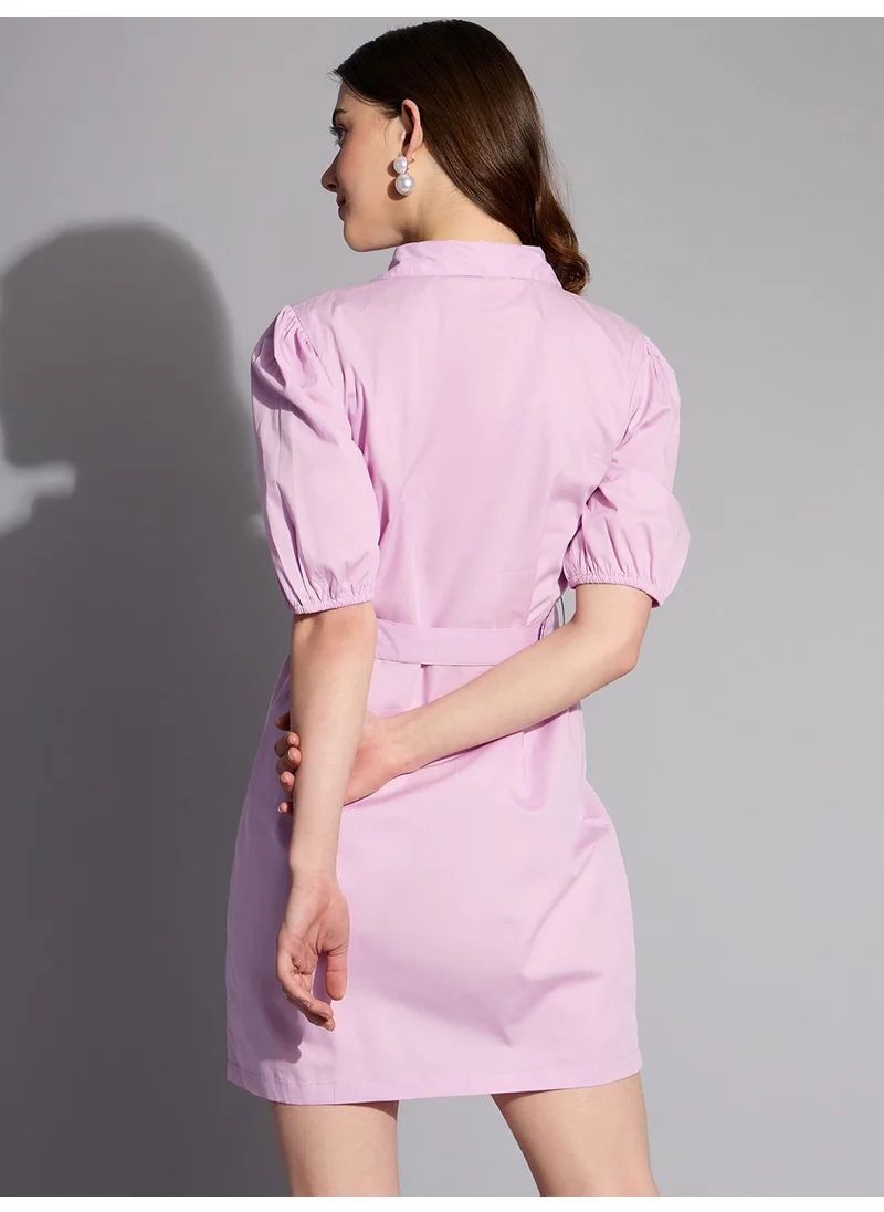 مرفوعة Women Casual Fitted Solid Plain Collared Neck Shirt Dress