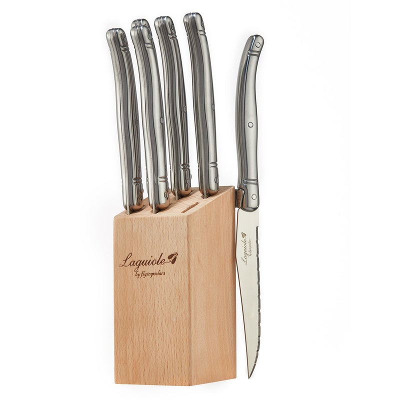 FLYINGCOLORS Laguiole By FlyingColors Steak Knife Set Wood Block Color Handle 6 Pieces Stainless Steel