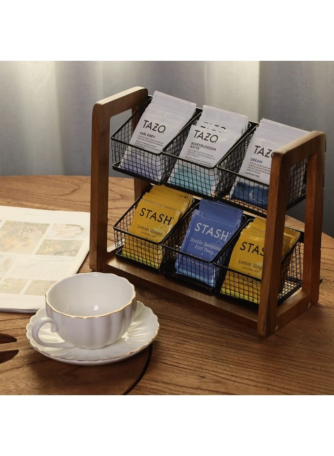 HTB HTB 2 Tier Tea Organizer for Tea Bags, Tea Bag Holder with Acacia Wood Stand and 6 Removable Metal Basket for Sugar Packets, Sweeteners, Creamers for Cabinet, Countertop or Wall-mounted  - Image 2