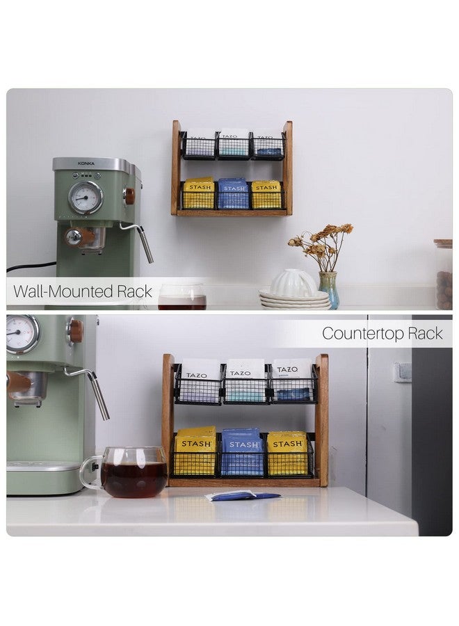 HTB HTB 2 Tier Tea Organizer for Tea Bags, Tea Bag Holder with Acacia Wood Stand and 6 Removable Metal Basket for Sugar Packets, Sweeteners, Creamers for Cabinet, Countertop or Wall-mounted  - Image 4