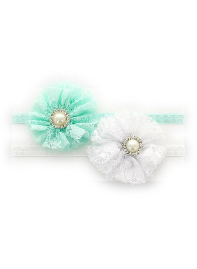 مجموعة My Lello Infant Baby Shabby Lace and Tulle Flowers مع أحجار الراين في المنتصف على زوج من عصابات الرأس المطاطية المرنة (أزرق مائي/أبيض)
