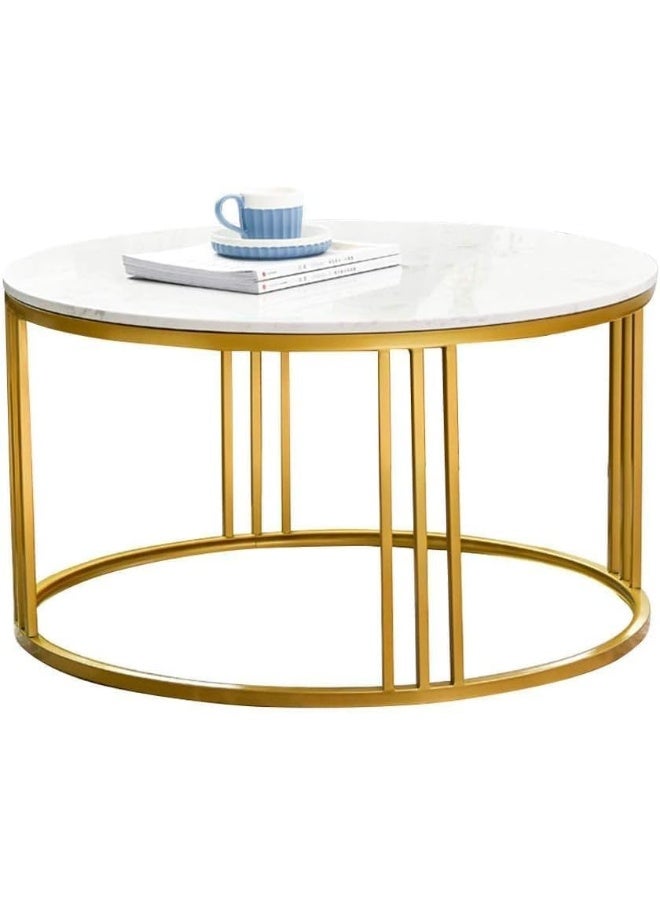 Hometaste Gold Metal Frame Round Coffee Table - Chic Centerpiece For Living Room Sofa Side And Bedroom - Stylish End Table With Marble Surface - Ideal Snack Table For Home Decor