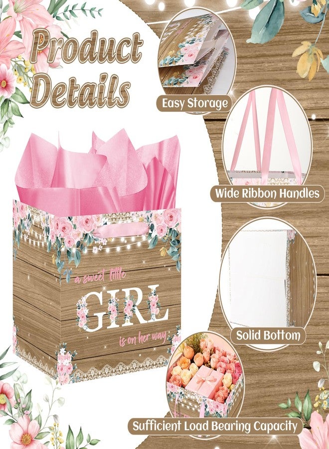 Woosytoo Extra Large Rustic Girl Gift Bag, Floral Sweet Baby Girl Square Gift Bag with Tissue Paper A Sweet Little Girl is on Her Way Wrapping Paper Bags for Baby Shower Gender Reveal Party Favors - Image 3