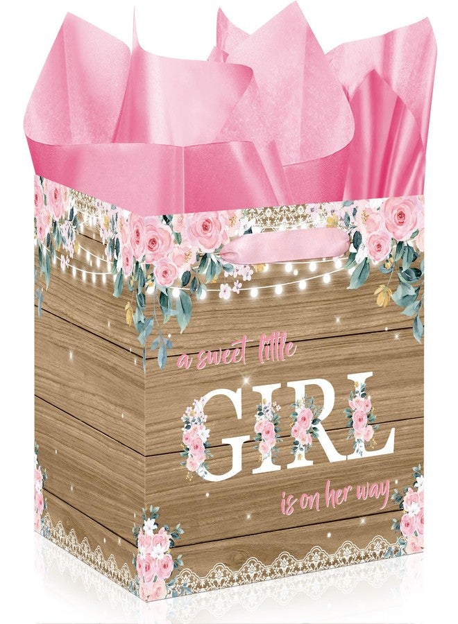 Woosytoo Extra Large Rustic Girl Gift Bag, Floral Sweet Baby Girl Square Gift Bag with Tissue Paper A Sweet Little Girl is on Her Way Wrapping Paper Bags for Baby Shower Gender Reveal Party Favors - Image 1