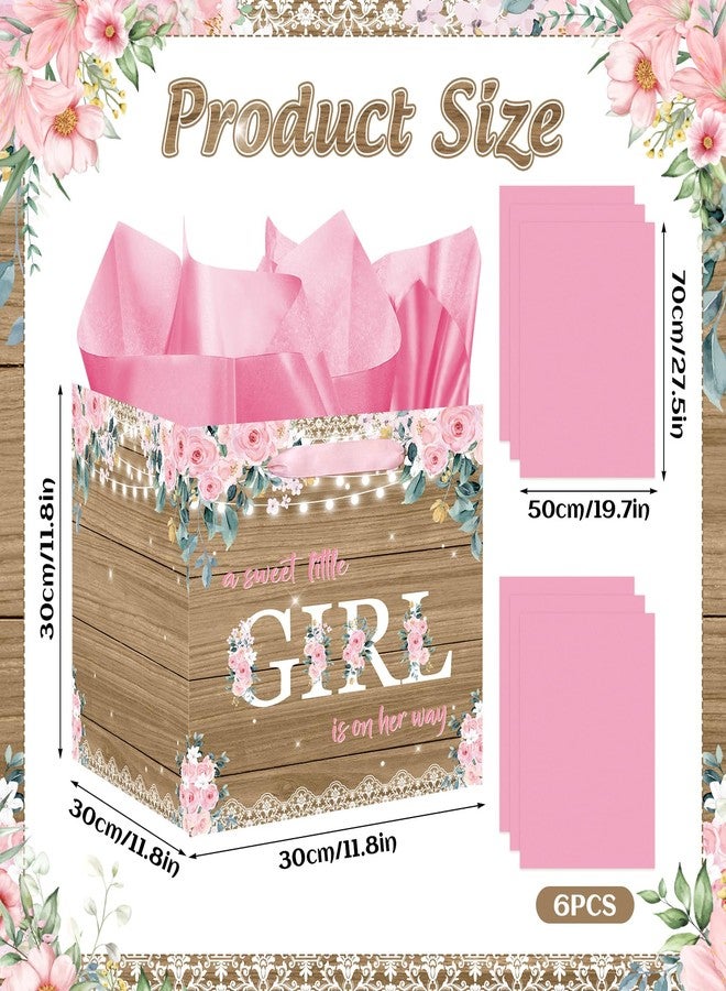 Woosytoo Extra Large Rustic Girl Gift Bag, Floral Sweet Baby Girl Square Gift Bag with Tissue Paper A Sweet Little Girl is on Her Way Wrapping Paper Bags for Baby Shower Gender Reveal Party Favors - Image 4