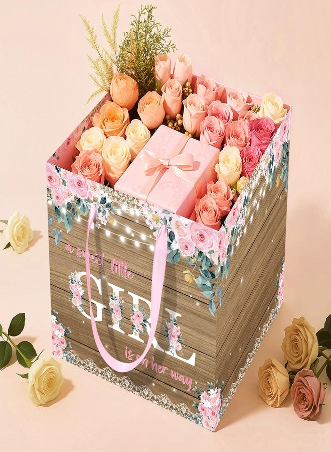 Woosytoo Extra Large Rustic Girl Gift Bag, Floral Sweet Baby Girl Square Gift Bag with Tissue Paper A Sweet Little Girl is on Her Way Wrapping Paper Bags for Baby Shower Gender Reveal Party Favors - Image 2