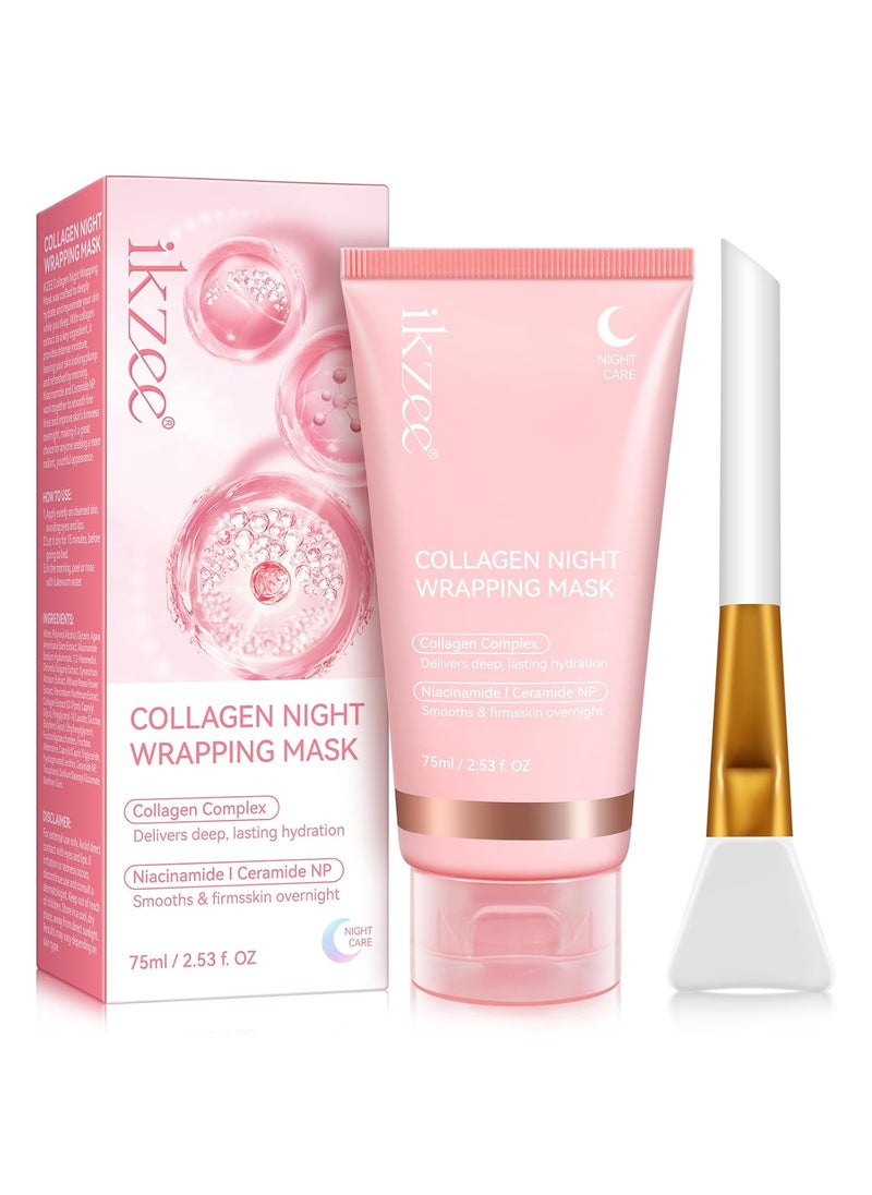 NIFEISHI - NIFEISHI Collagen Night Wrapping Mask Collagen Overnight Wrapping Peel Off Facial Mask Pack for Elasticity Hydrating Glow Glass Skin Hydrolyzed Collagen 253 floz Brush Included - Image 1