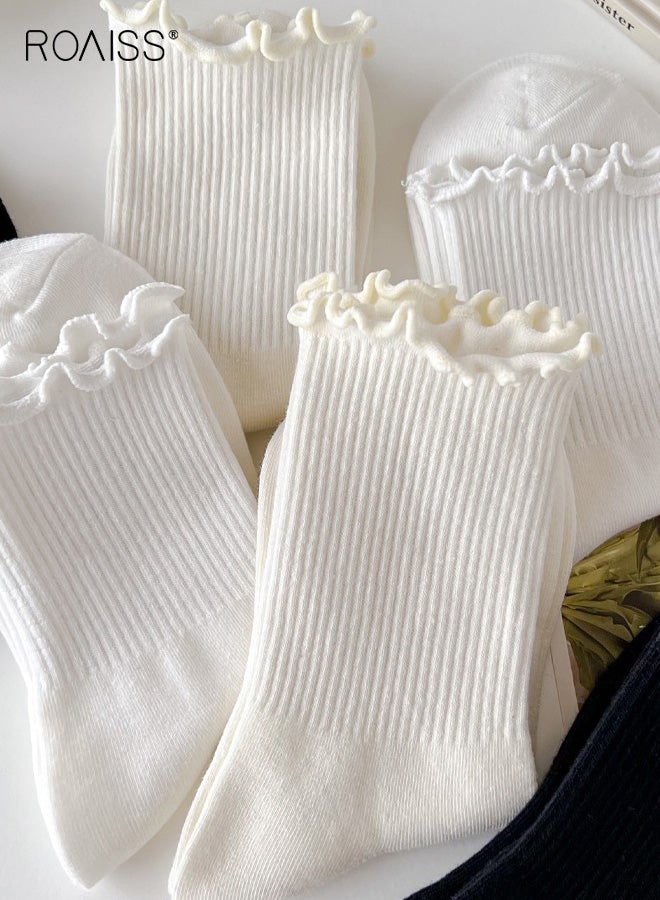 roaiss 6 Pairs Women's Mid-Calf Socks, Ruffled Hem Polyester-Cotton Blend Socks, Summer Lightweight Lolita Style Socks, for Pairing with Mary Jane Shoes - Image 3