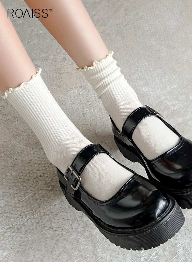 roaiss 6 Pairs Women's Mid-Calf Socks, Ruffled Hem Polyester-Cotton Blend Socks, Summer Lightweight Lolita Style Socks, for Pairing with Mary Jane Shoes - Image 4