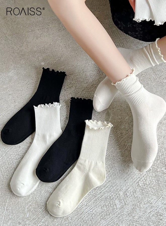 roaiss 6 Pairs Women's Mid-Calf Socks, Ruffled Hem Polyester-Cotton Blend Socks, Summer Lightweight Lolita Style Socks, for Pairing with Mary Jane Shoes - Image 2