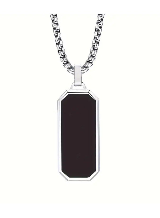 1pc Elegant Men's Stainless Steel Necklace with Sleek Black Enamel Geetric Pendant - Durable 201 Stainless Steel, Ideal Personal Gift for Him