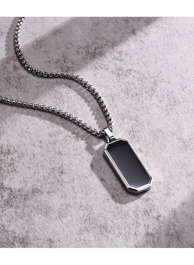 1pc Elegant Men's Stainless Steel Necklace with Sleek Black Enamel Geetric Pendant - Durable 201 Stainless Steel, Ideal Personal Gift for Him