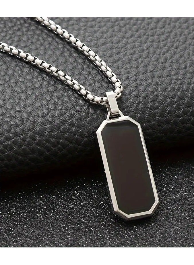 1pc Elegant Men's Stainless Steel Necklace with Sleek Black Enamel Geetric Pendant - Durable 201 Stainless Steel, Ideal Personal Gift for Him