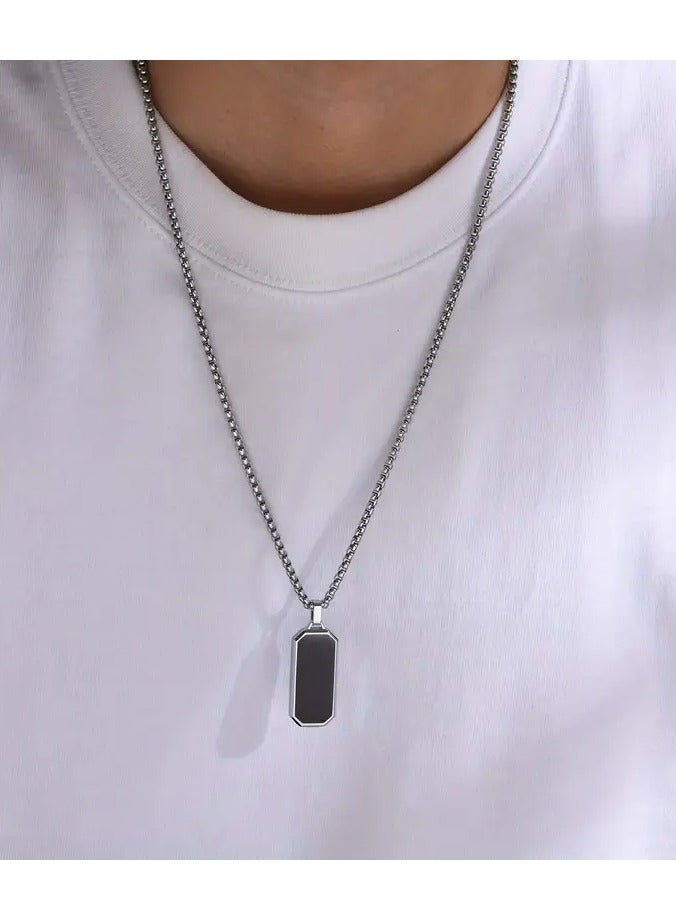 1pc Elegant Men's Stainless Steel Necklace with Sleek Black Enamel Geetric Pendant - Durable 201 Stainless Steel, Ideal Personal Gift for Him