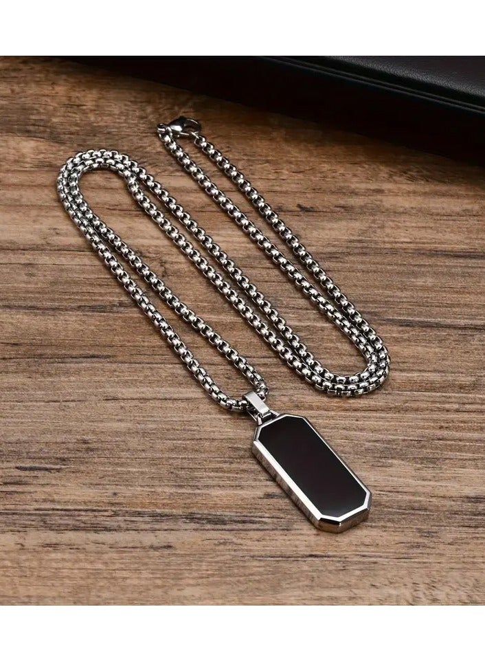 1pc Elegant Men's Stainless Steel Necklace with Sleek Black Enamel Geetric Pendant - Durable 201 Stainless Steel, Ideal Personal Gift for Him