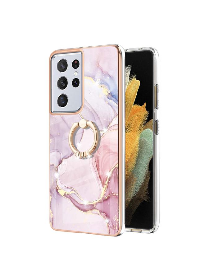 اس-توب جراب لهاتف Samsung Galaxy S21 Ultra 5G بنمط رخامي مطلي بالكهرباء من مادة TPU المقاومة للصدمات مع حامل حلقي - Image 2