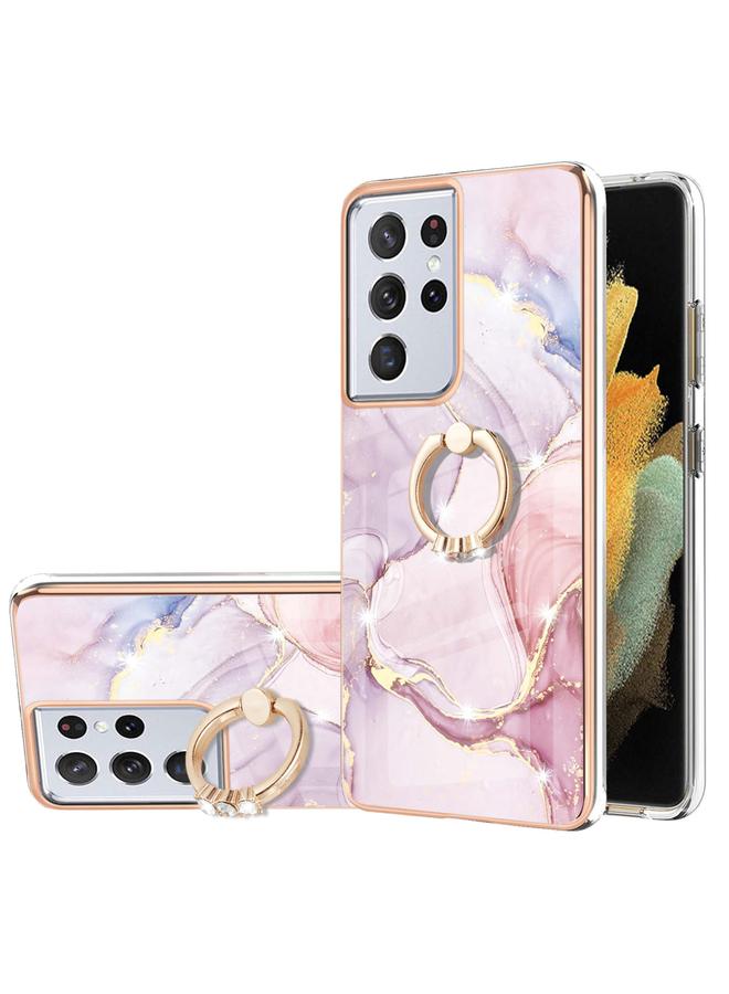 اس-توب جراب لهاتف Samsung Galaxy S21 Ultra 5G بنمط رخامي مطلي بالكهرباء من مادة TPU المقاومة للصدمات مع حامل حلقي - Image 1