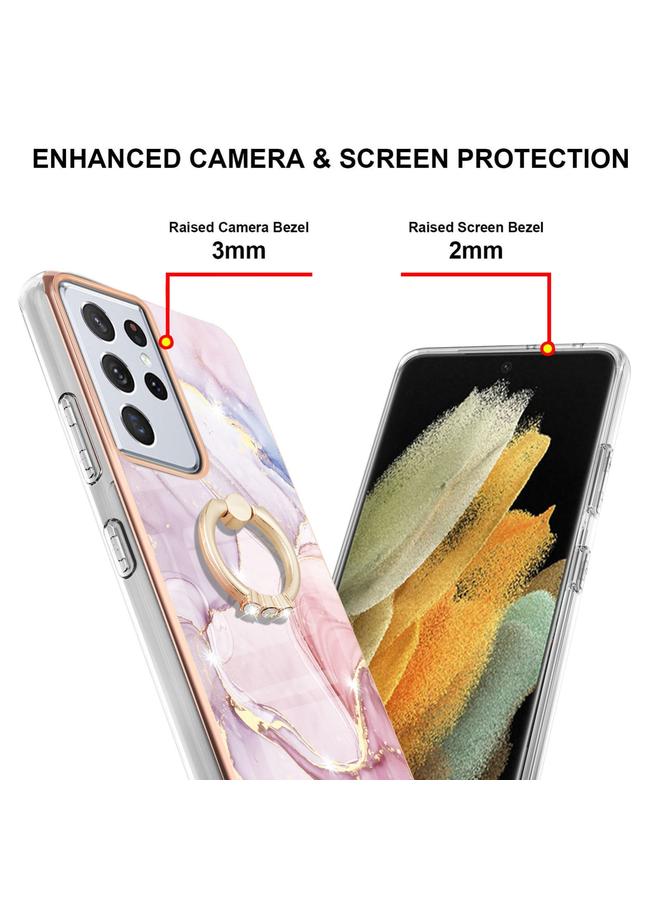 اس-توب جراب لهاتف Samsung Galaxy S21 Ultra 5G بنمط رخامي مطلي بالكهرباء من مادة TPU المقاومة للصدمات مع حامل حلقي - Image 3