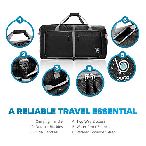 Bago Large Foldable Duffel Bags for Traveling Women & Men - 120L Packable Duffle Bag for Travel with Shoe Compartment - Water Repellant, Heavy Duty, Lightweight Folding & Collapsible (Black) - Image 5