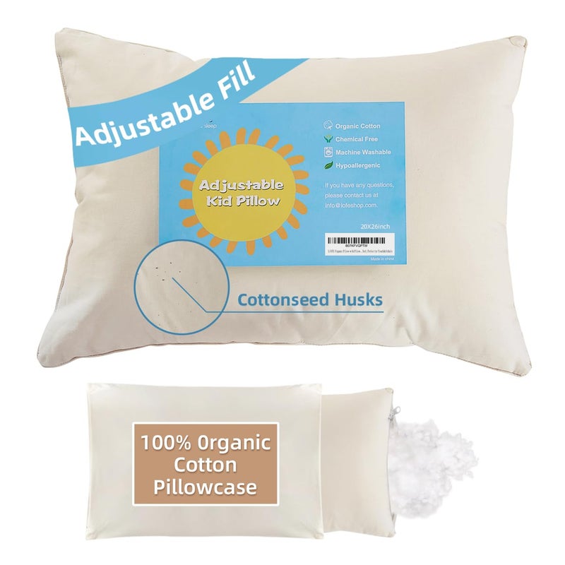 LOFE Organic Pillow with Pillowcase - 20x26 Organic Standard Pillow with 100% Organic Cotton Shell, Adjustable Loft Youth Plilow, Machine Washable, Soft, Perfect for Youth&Adults - Image 1