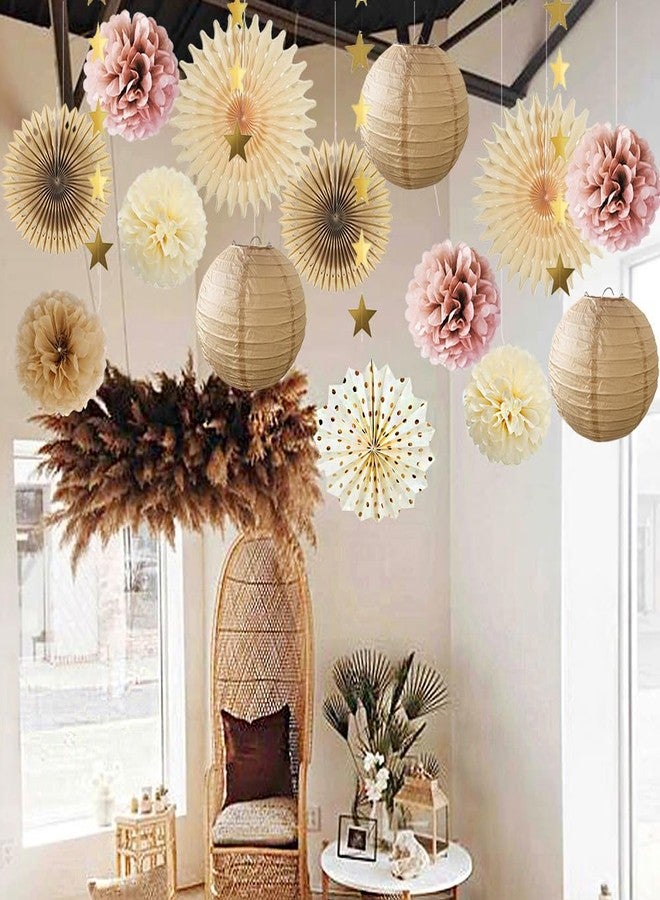 FETETIJD Pink Champagne Party Decorations Dusty Rose Champagne Gold Beige Boho Party Decorations Neutral Cream Pom Poms Paper Lanterns for Rustic Pink and Brown Birthday Baby Shower Wedding Engagement - Image 5