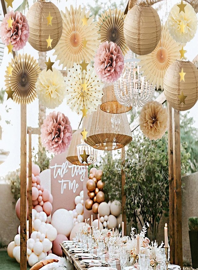 FETETIJD Pink Champagne Party Decorations Dusty Rose Champagne Gold Beige Boho Party Decorations Neutral Cream Pom Poms Paper Lanterns for Rustic Pink and Brown Birthday Baby Shower Wedding Engagement - Image 4