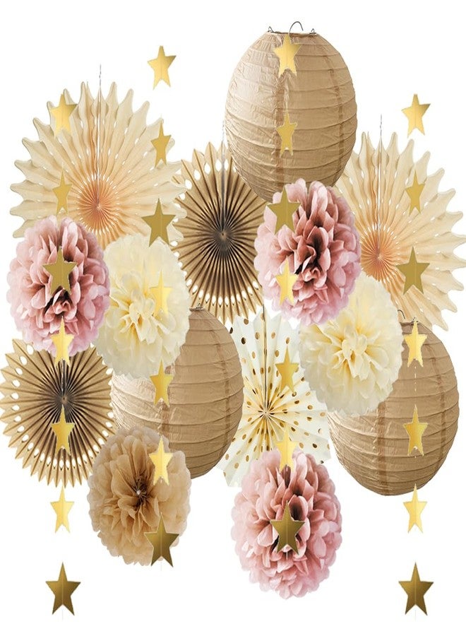 FETETIJD Pink Champagne Party Decorations Dusty Rose Champagne Gold Beige Boho Party Decorations Neutral Cream Pom Poms Paper Lanterns for Rustic Pink and Brown Birthday Baby Shower Wedding Engagement - Image 1