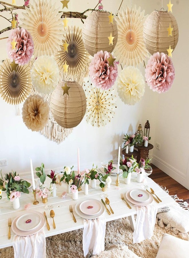 FETETIJD Pink Champagne Party Decorations Dusty Rose Champagne Gold Beige Boho Party Decorations Neutral Cream Pom Poms Paper Lanterns for Rustic Pink and Brown Birthday Baby Shower Wedding Engagement - Image 3