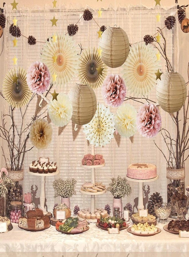 FETETIJD Pink Champagne Party Decorations Dusty Rose Champagne Gold Beige Boho Party Decorations Neutral Cream Pom Poms Paper Lanterns for Rustic Pink and Brown Birthday Baby Shower Wedding Engagement - Image 2