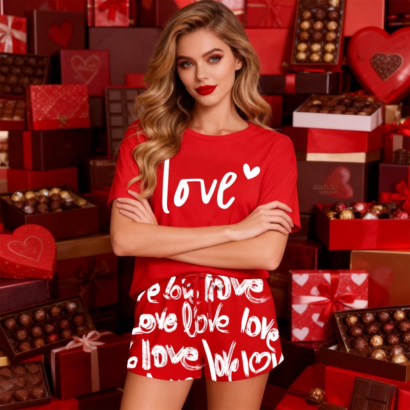 PECHAR Valentine Pajamas Women: Valentines Pjs 2 Piece Short Sleeve Heart Shirts and Pants Sleepwear Set Loungewear Red - Image 5