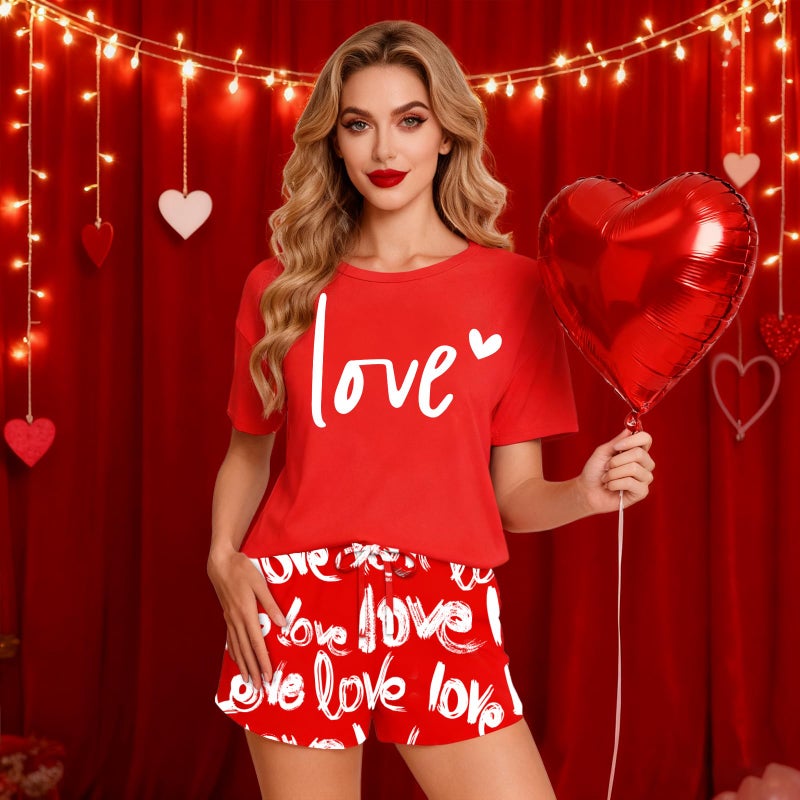 PECHAR Valentine Pajamas Women: Valentines Pjs 2 Piece Short Sleeve Heart Shirts and Pants Sleepwear Set Loungewear Red - Image 2