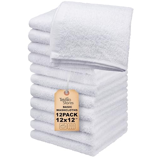 Textila Basic Wash Cloths 12x12 Inches – Pack of 12 – White Color – Soft and Absorbent Multipurpose Cotton Washcloths for Bathroom, Spa, Gym, Salon, Hotel, and Everyday Use - Image 1