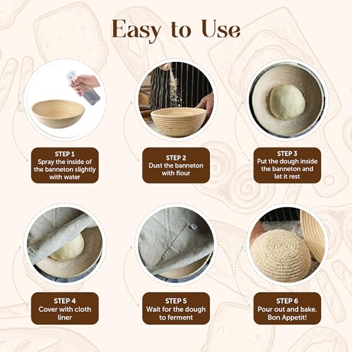 ABIOTO Bread Proofing Baskets for Sourdough Bread Baking - Set of 2 9" Round Banneton Baskets with Liners, Made of Finest Indonesian Rattan - Bake Perfect Artisan Bread Loaves at Home Like a Pro - Image 5