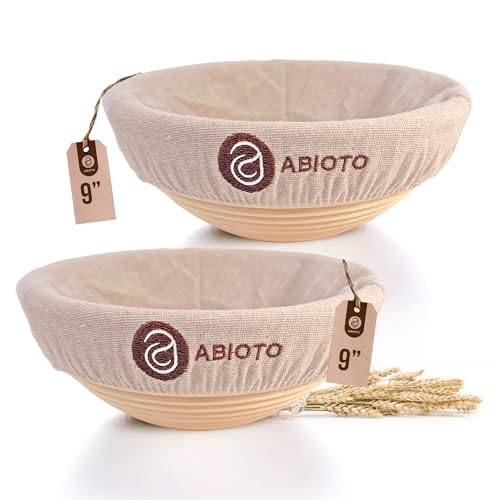 ABIOTO Bread Proofing Baskets for Sourdough Bread Baking - Set of 2 9" Round Banneton Baskets with Liners, Made of Finest Indonesian Rattan - Bake Perfect Artisan Bread Loaves at Home Like a Pro - Image 1