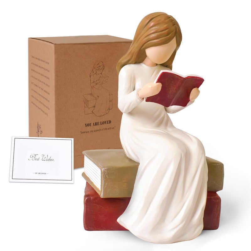 Cuayaes Reading Figurine Bookshelf Decor, Book Lovers Gifts for Women Readers, Graduates, Students, Teachers, Caregivers, Hand-Painted Sculpted Aesthetic Statue for Home Office Desk Decor - Image 1