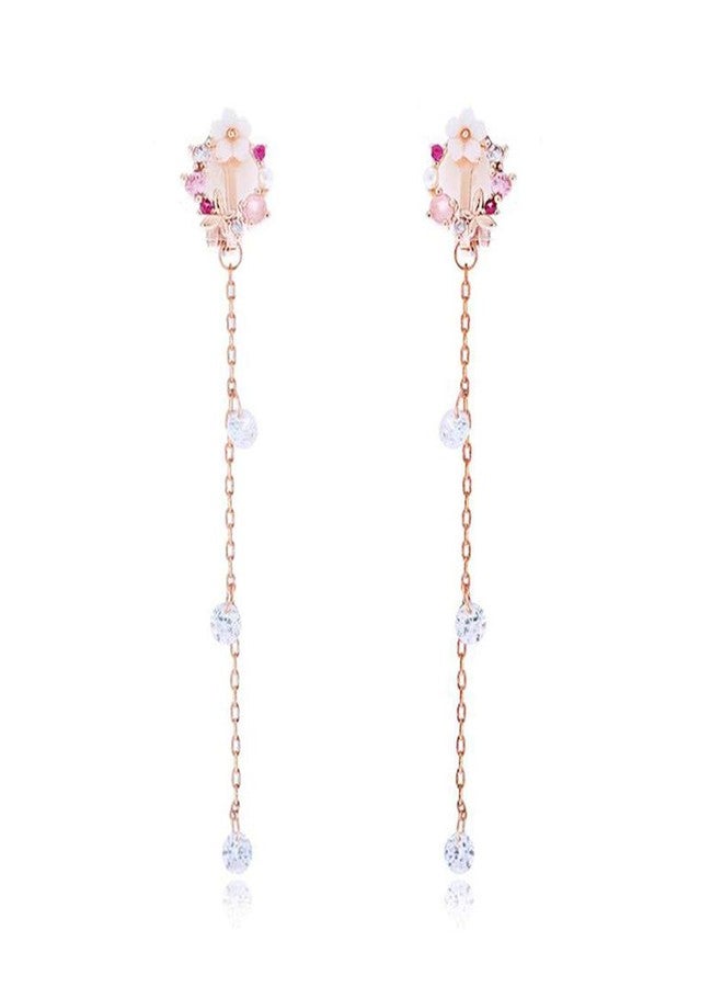 جريس جون أقراط GRACE JUN العصرية ذات الشرابة الطويلة والمزينة بالمينا والزركونيا المكعبة النحاسية، بدون ثقب، للنساء، إكسسوار زفاف ساحر (أقراط بمشبك على شكل زهرة) - Image 1