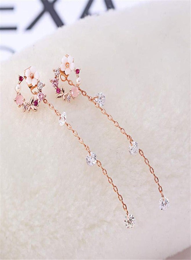 جريس جون أقراط GRACE JUN العصرية ذات الشرابة الطويلة والمزينة بالمينا والزركونيا المكعبة النحاسية، بدون ثقب، للنساء، إكسسوار زفاف ساحر (أقراط بمشبك على شكل زهرة) - Image 3