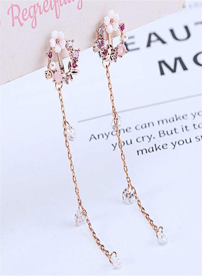 جريس جون أقراط GRACE JUN العصرية ذات الشرابة الطويلة والمزينة بالمينا والزركونيا المكعبة النحاسية، بدون ثقب، للنساء، إكسسوار زفاف ساحر (أقراط بمشبك على شكل زهرة) - Image 2