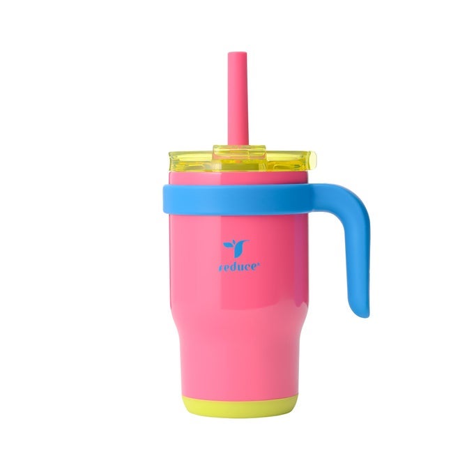 14 OZ COLDEE KIDS TUMBLER WITH LID AND STRAW COLDEE INSULATED TRAVEL MUG SPILLPROOF SWEATPROOF STAINLESS STEEL BPAFREE INCLUDES HANDLE REUSABLE SILICONE STRAW TAFFY PINK