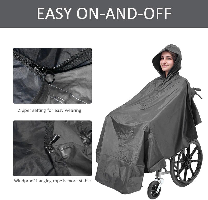 Fonakei Wheelchair poncho wheelchair cover Lightweight, Breathable & Waterproof Wheelchair RainCape Universal Fit, Mobility Scooter & Electric Wheelchair Poncho Full Body Coverage for Adults Reusable (Black) - Image 3