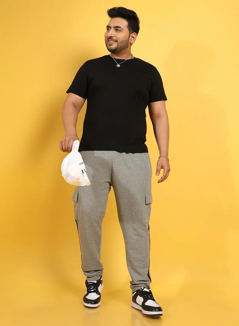 Instafab Plus Instafab Plus Men's Grey Contrast Striped Cargo Joggers For Casual Wear | Flap Pockets | Plus-Size Fit | Drawstring Closure | Poly Cotton Trackpants Crafted With Comfort Fit For Everyday Wear