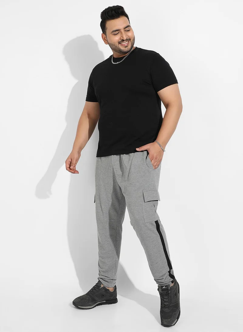 Instafab Plus Instafab Plus Men's Grey Contrast Striped Cargo Joggers For Casual Wear | Flap Pockets | Plus-Size Fit | Drawstring Closure | Poly Cotton Trackpants Crafted With Comfort Fit For Everyday Wear