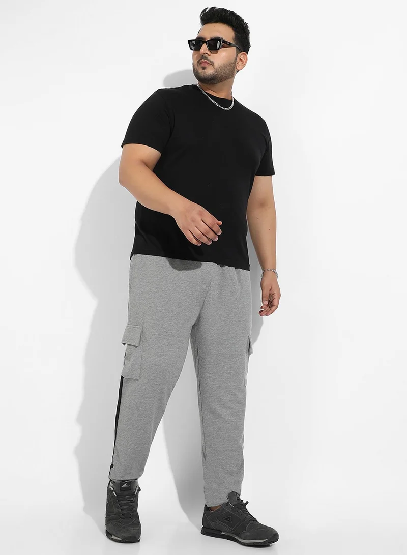 Instafab Plus Instafab Plus Men's Grey Contrast Striped Cargo Joggers For Casual Wear | Flap Pockets | Plus-Size Fit | Drawstring Closure | Poly Cotton Trackpants Crafted With Comfort Fit For Everyday Wear