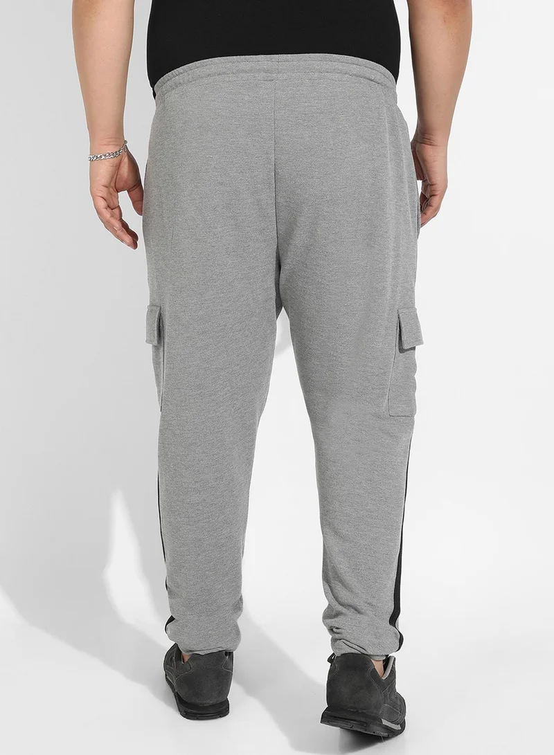 Instafab Plus Instafab Plus Men's Grey Contrast Striped Cargo Joggers For Casual Wear | Flap Pockets | Plus-Size Fit | Drawstring Closure | Poly Cotton Trackpants Crafted With Comfort Fit For Everyday Wear
