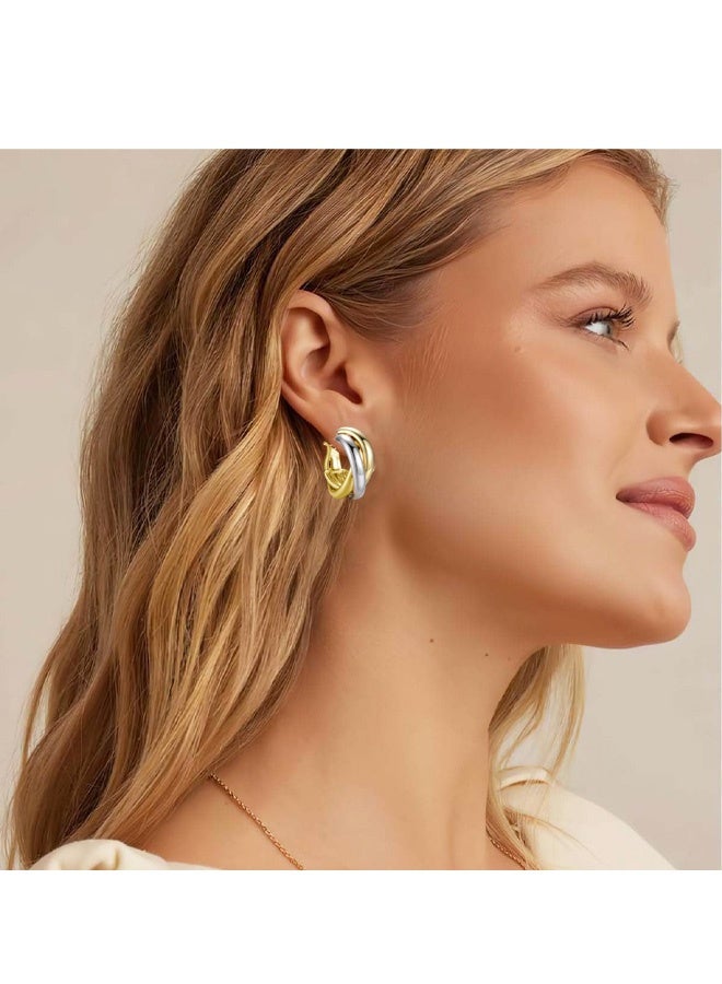 Silver and Gold Triple Hoops Earrings for Women, Twist Braided Trendy Two Tone Hoop Chunky Gold Fashion Earrings Gift - Image 4