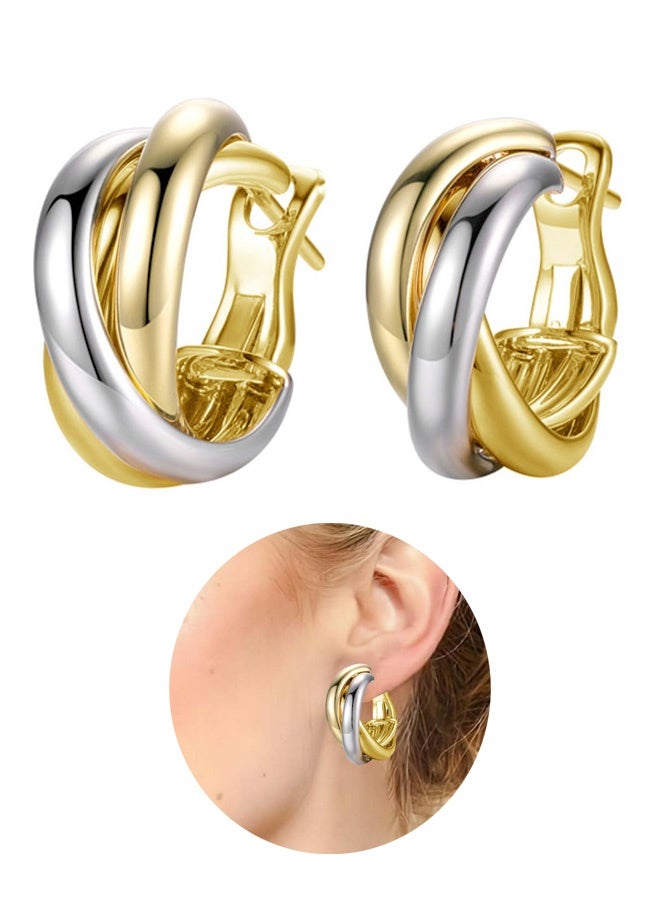 Silver and Gold Triple Hoops Earrings for Women, Twist Braided Trendy Two Tone Hoop Chunky Gold Fashion Earrings Gift - Image 1