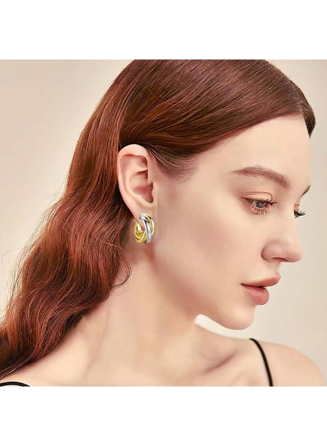 Silver and Gold Triple Hoops Earrings for Women, Twist Braided Trendy Two Tone Hoop Chunky Gold Fashion Earrings Gift - Image 5